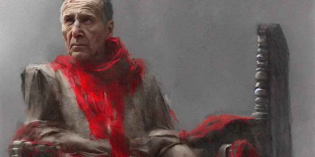 Image similar to the end is near. a tired julius caesar is sitting on his throne. face is highly detailed. splices of red are running down his toga. mist. color scheme red. low angle medium shot. imagined by jeremy lipking