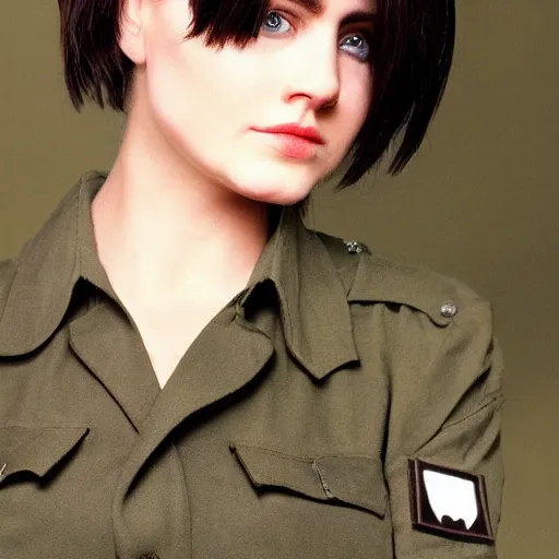 Prompt: brunette woman, short messy hair, black military uniform, bright green eyes