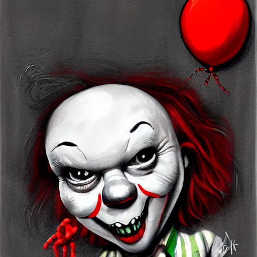 Image similar to surrealism grunge cartoon portrait sketch of georgie from it with a wide smile and a red balloon by - michael karcz, loony toons style, pennywise style, horror theme, detailed, elegant, intricate