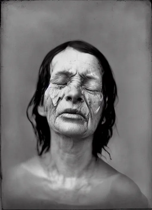 Image similar to portrait of a blind women, hyperrealism, photo realistic, detailed, award winning photograph, cinematic lighting, ambrotype wet plate collodion by richard avedon and shane balkowitsch