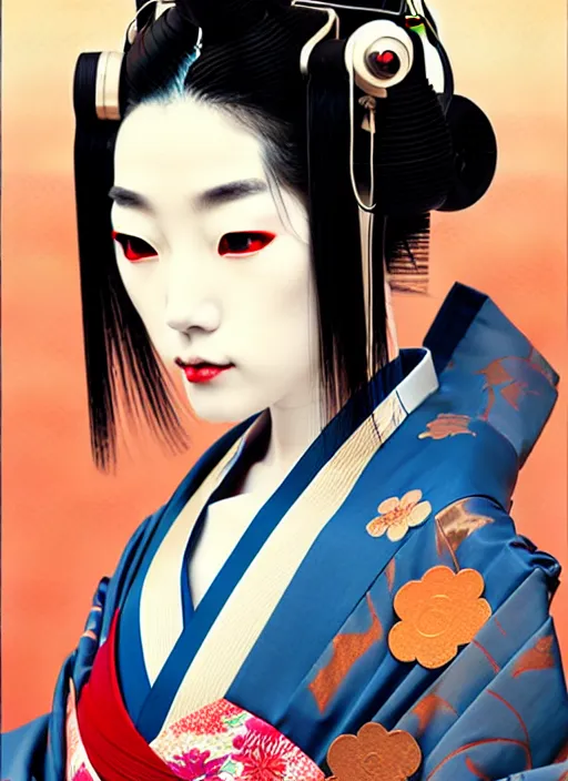 Image similar to sensual japanese geisha wearing vr eyepiece, intricate geisha kimono, robotic, android, cyborg, cyberpunk face, steampunk, fantasy, intricate, elegant, highly detailed, colorful, vivid color, digital photography, cool warm light, artstation, concept art, art by artgerm and greg rutkowski and ruan jia,