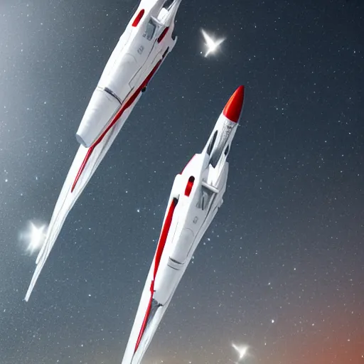 Prompt: two sleek white very long intricate spacecraft with minor red details, flying in formation, no wings, highly detailed, photorealistic, cinematic, sci-fi, octane render, bird\'s eye view, background of stars and galaxies