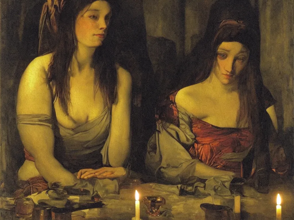 Image similar to Beautiful woman seated at a candle light. Melancholy. Painting by Georges de la Tour, Jan Saudek