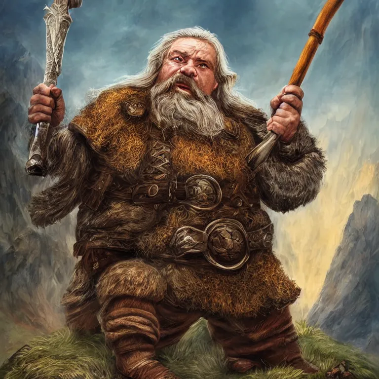 Image similar to dwarf with hammer in mountains, lord of the rings style, fantasy, poster, character portrait, portrait, close up, concept art, intricate details, highly detailed, full body, 8 k, detailed face, body