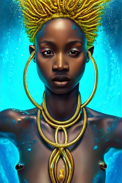 Prompt: hyperrealistic precisionist cinematic very expressive! translucent!! african goddess, full body, underwater scene with fish and algae, gold jewerly, highly detailed face, digital art masterpiece, eric zener cam de leon, dramatic pearlescent turquoise light on one side, long shot, low angle uhd 8 k, shallow depth of field