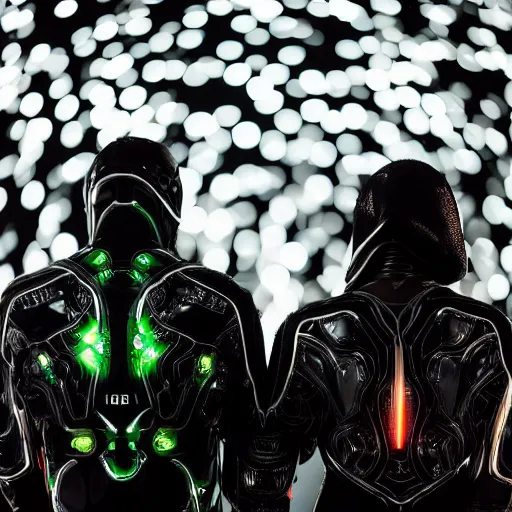 Image similar to love, diverse black cybersuits, from behind, connection rituals, wide wide angle, vivid, elaborate, highly detailed, beautiful lighting