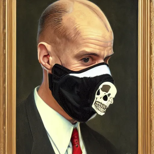 Image similar to portrait of a suited man with medical gloves and a skull mask, by Gerald Brom and Norman Rockwell