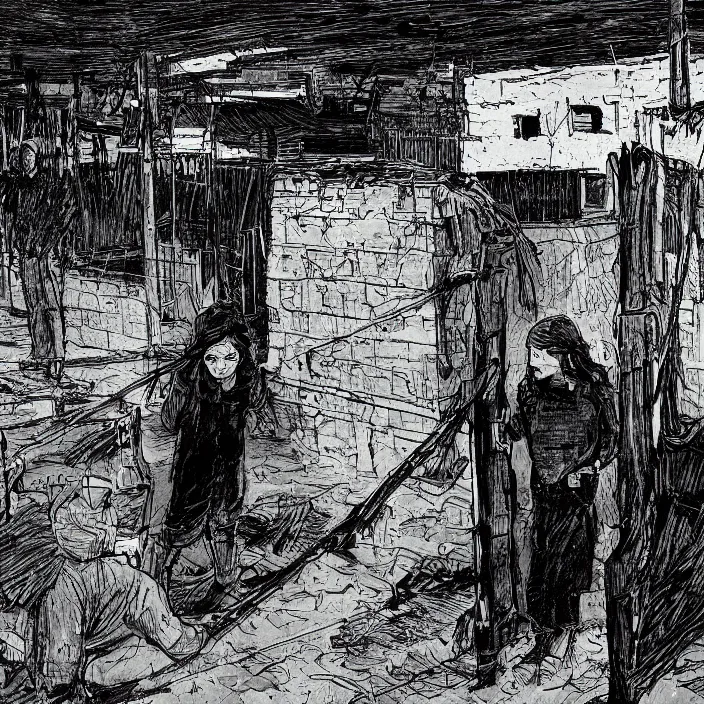 Image similar to sadie sink in dirty workmen clothes waves goodbye to workmen. near a gate. background : factory, dirty, polluted. technique : black and white pencil and ink. by gabriel hardman, joe alves, chris bonura. cinematic atmosphere, detailed and intricate, perfect anatomy