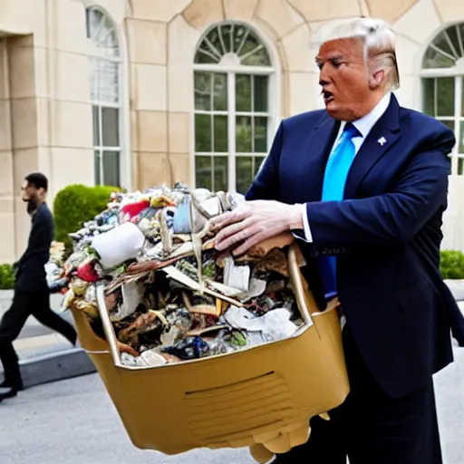 Image similar to donald trump shoving a literal ton of garbage into his stupid fat mouth