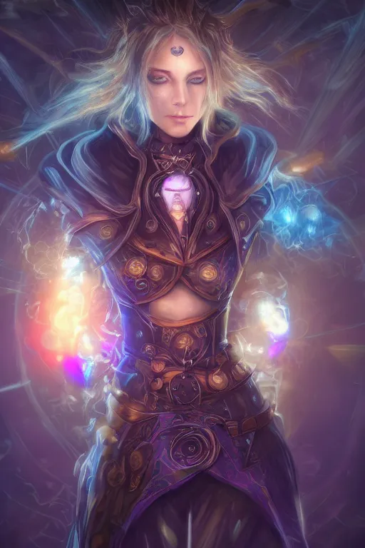 Image similar to Path of Exile, Maven, blue eyes female image with silver purple hair among colourful lights, dark blue spheres fly around, Anachronism, painting, dark fantasy, steampunk, 4k