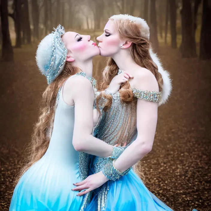 Prompt: photograph of a real-life beautiful ice queen in ornate dress kissing a woman. 8k