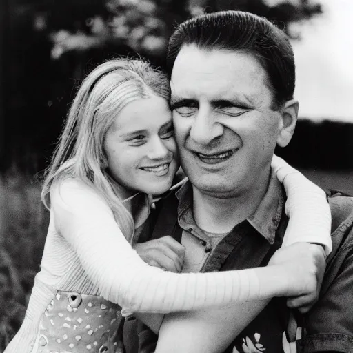 Prompt: 8 year old white girl being hugged by her dad, argus argoflex ef camera, f 1 8 7 5 mm lens, 1 9 4 2