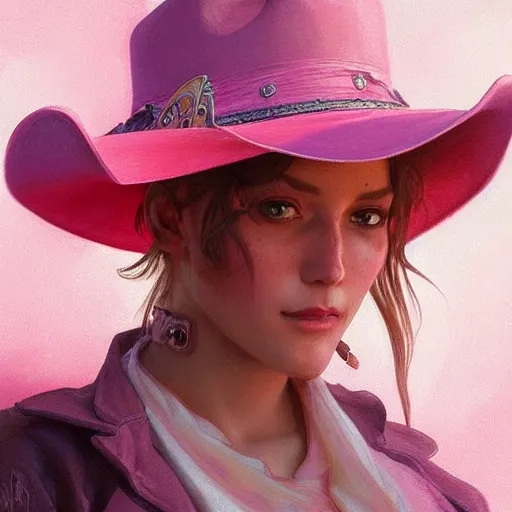 Image similar to Pink cowboy hat, highly detailed, digital painting, artstation, concept art, smooth, sharp focus, illustration, art by artgerm and greg rutkowski and alphonse mucha