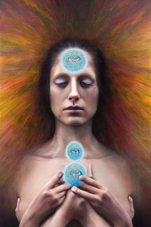 Prompt: transcendental meditation cult woman, opening third eye, chakra energy waves resonating from her body, ethereal aura, epic surrealism 8k oil painting, portrait, perspective, high definition, post modernist layering, by Peter Kemp