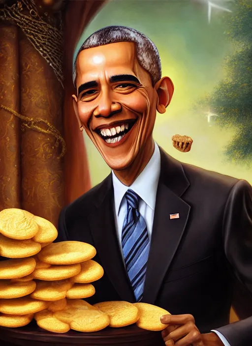 Image similar to highly detailed closeup portrait of obama as a fairytale medieval prince eating cookies, unreal engine, nicoletta ceccoli, mark ryden, lostfish, earl norem, global illumination, god rays, detailed and intricate environment