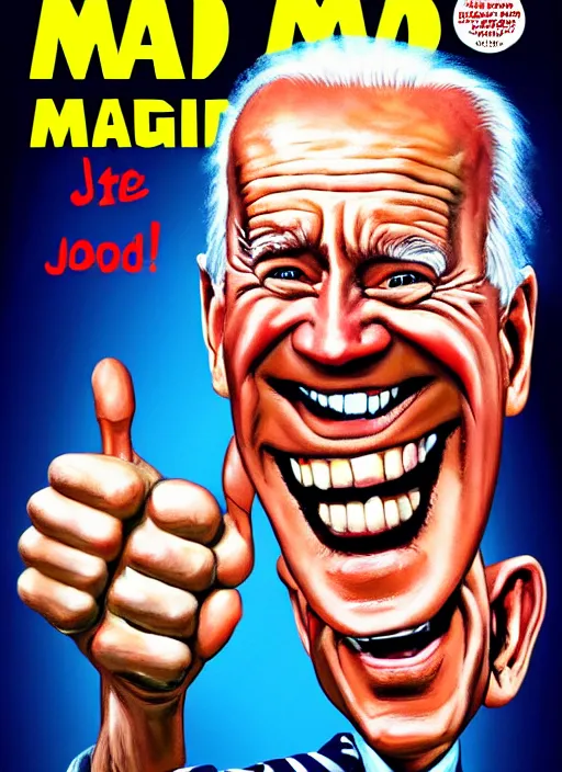 Image similar to mad magazine cover, norman mingo painting, joe biden smiling, thumbs up, exaggerated proportions, caricature, realistic! ( painterly ), visible brush strokes, vintage, hd, crisp