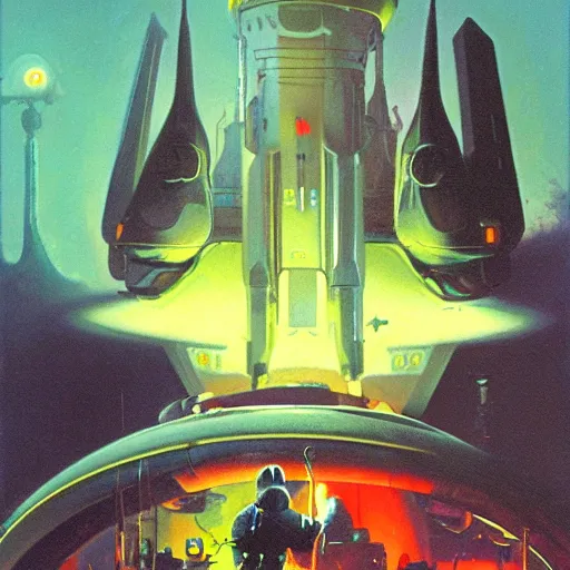 Image similar to a dark and colorful close - up of a sci - fi spaceship with led lights glowing fog in the background. highly detailed science fiction painting by norman rockwell, frank frazetta, and syd mead. rich colors, high contrast, gloomy atmosphere, dark background. trending on artstation