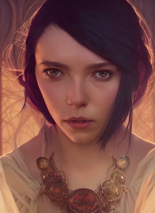 Image similar to highly detailed vfx portrait of a sorceress, unreal engine, greg rutkowski, only, once, people, makoto shinkai and louis van baerle, ilya kuvshinov, rossdraws, tom bagshaw, alphonse mucha, global lighting, detailed and complex environment