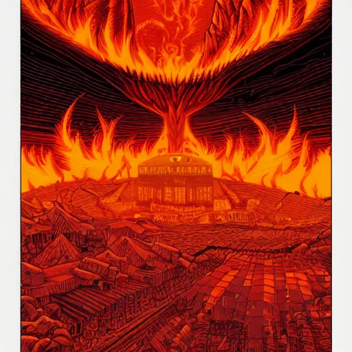 Prompt: A fiery hellscape by Dan Mumford