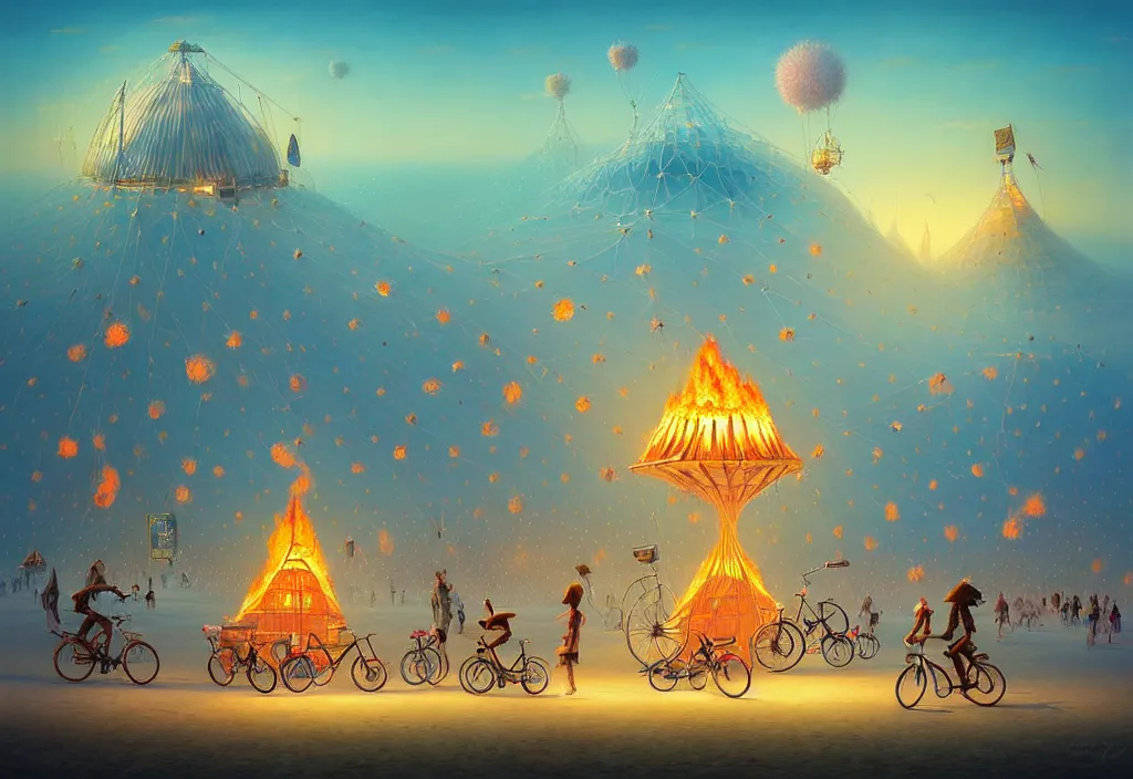 Image similar to A beautiful illustration of burning man festival, trending on artstation, WLOP, cgsociety by Gediminas Pranckevicius, trending on cgsociety, Michaelangelo, bokeh, fractal Thunder glow by dan mumford