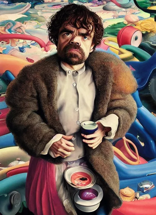 Prompt: ultrawide angle colour portrait masterpiece photography of peter dinklage in a little tikes crazy coupe by annie leibovitz michael cheval miho hirano moebius josh kirb