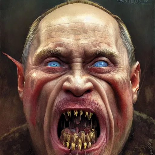 Image similar to vladimir putin, vladimir putin is evil ogre, toothless mutant, horror, macabre by donato giancola and greg rutkowski and wayne barlow and zdzisław beksinski, realistic face, digital art