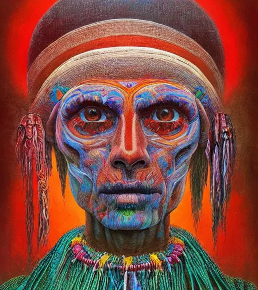 Image similar to Portrait painting in a style of Beksinski mixed with Alex Grey of an old shaman dressed in a colorful traditional clothes. Symmetry