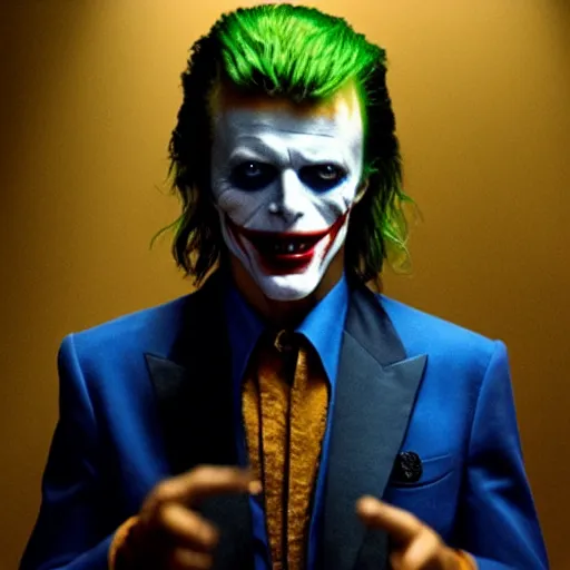 Image similar to awe inspiring David Bowie pkaying The Joker 8k hdr movie still dynamic lighting