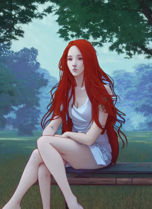 Prompt: pretty young woman with long red hair sitting on a park bench at the dead of night, path traced, highly detailed, high quality, digital painting, by studio ghibli and alphonse mucha, leesha hannigan, makoto shinkai, disney