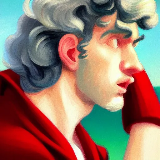 Prompt: A beautiful close-up of a white-haired young man with long!! curly!! hair!!, dressed like in the 1940s, digital art by Edward Hopper, vibrant color scheme, highly detailed, in the style of romanticism, fine Art, high detail, great lighting, 8k resolution, masterpiece, concept art, illustration, clear eyes, soft lighting, soft details, painting oil on canvas, octane render, HDR, trending on artstation, 4k, 8k, HD