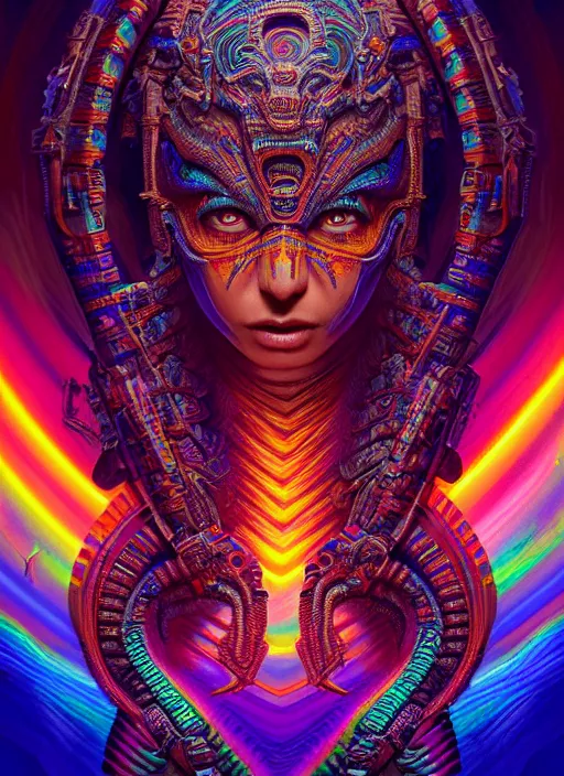 Image similar to hyper detailed ultra sharp 3 d render like a oil painting aztec serpent warrior princess, fractal plane, deep voyage, parallel existence, earthwave, colorful, neon, ornate, intricate, digital painting, concept art, smooth, sharp focus, illustration, art by artgerm and greg rutkowski and h. r. giger, 8 k