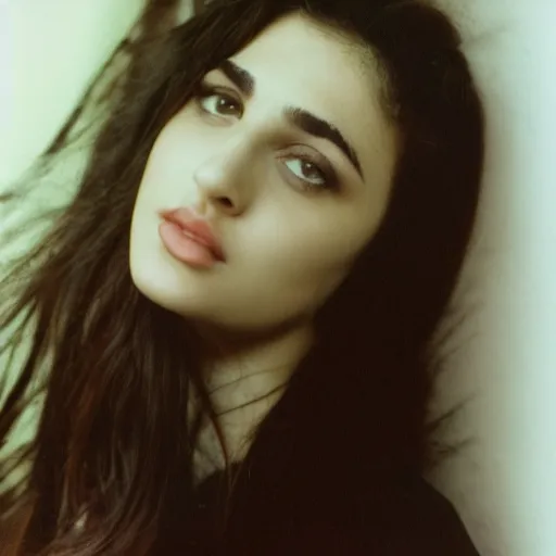 Prompt: 35mm film photo of an attractive cool alternative armenian woman in her early 20s. beautiful face. She has dark brown hair, dark thick eyebrows, brown eyes and shoulder long hair.