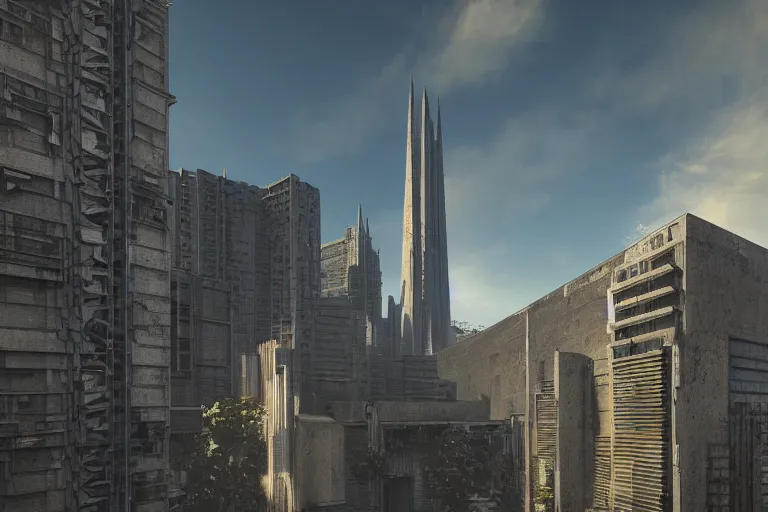 Image similar to streetscape, a towering cathedral of brutalist architecture, buildings covered with greebles, stunning volumetric light, sunset, metal, concrete and translucent material, stunning skies, majestic landscape, trending on Artstation, 8k, photorealistic, hyper detailed, unreal engine 5, IMAX quality, cinematic, epic lighting, in the style of Greg Rutkowski