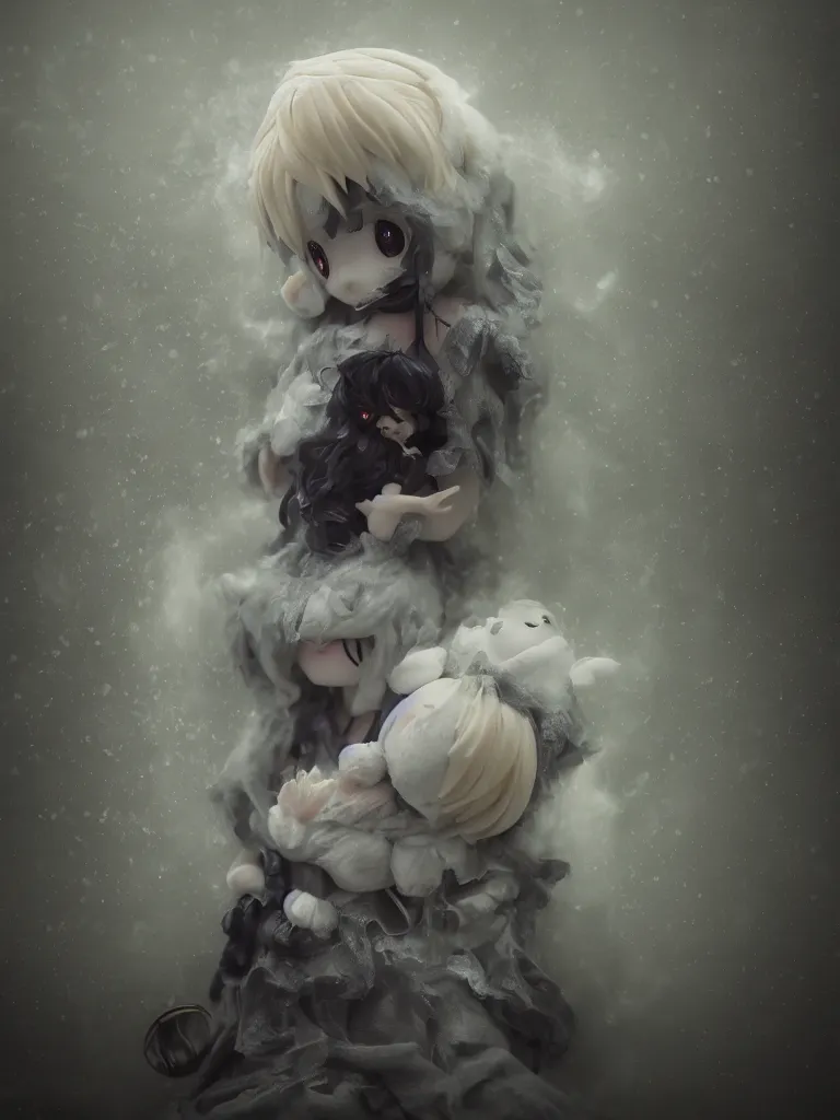 Prompt: cute fumo plush of a cursed frail witch bunny girl held tight in the arms of a translucent ghost mother, hugging and cradling, anime, eerie pretty melting volumetric smoke and fog, dark environment map pbr reflective stormy water, gothic maiden, bokeh, vignette, vray