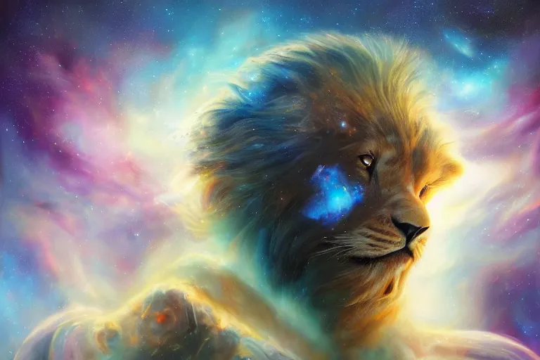 Prompt: beautiful nebula space lion, oil on canvas, intricate, portrait, 8k highly professionally detailed, HDR, CGsociety, illustration painting by Mandy Jurgens and Małgorzata Kmiec and Dang My Linh and Lulu Chen and Alexis Franklin and Filip Hodas and Pascal Blanché and Bastien Lecouffe Deharme, detailed intricate ink illustration, heavenly atmosphere, detailed illustration, hd, 4k, digital art, overdetailed art, concept art, complementing colors, trending on artstation, Cgstudio, the most beautiful image ever created, dramatic, subtle details, illustration painting by alphonse mucha and frank frazetta daarken, vibrant colors, 8K, style by Wes Anderson, award winning artwork, high quality printing, fine art, gold elements, intricate, epic lighting, very very very very beautiful scenery, 8k resolution, digital painting, sharp focus, professional art, atmospheric environment, art by artgerm and greg rutkowski, by simon stålenhag, rendered by Beeple, by Makoto Shinkai, syd meade, 8k ultra hd, artstationHD, 3d render, hyper detailed, elegant, by craig mullins and marc simonetti, Ross Tran and WLOP, by Andrew Wyeth and Gerald Brom, John singer Sargent and James gurney