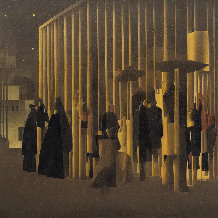 Prompt: a some people waiting in a lone bus stop in quiet dark city night Painting by Piero della Francesca, Morandi, Yves Tanguy, high quality, high resolution,detailed