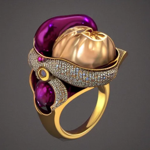 Image similar to complex golden ring with cameo and gems of a female mouth with a cyberpunk style, 8k, details, studio lighting