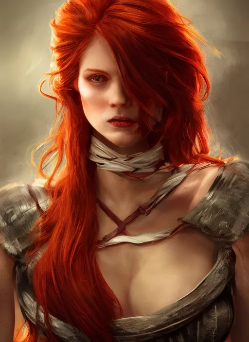 Image similar to Beautiful redhead girl which chest wrapped in bandages, portrait, fantasy, medieval, vivid colors, fantasy, elegant, concept art, sharp focus, beautiful face, digital art, Hyper-realistic, 4K, Unreal Engine, Highly Detailed, HD, Dramatic Lighting by Brom, trending on Artstation