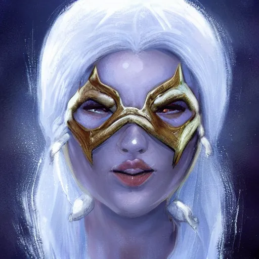 Image similar to art, bandit from ‘ icewind dale ’ and ‘ icewind dale heart of winter ’, with a frost blue gem mask lined with copper, ‘ icewind dale 2 ’ profile portrait by ‘ justin sweet ’, falling snow, soft focus, illustration, oil paint, trending artstation