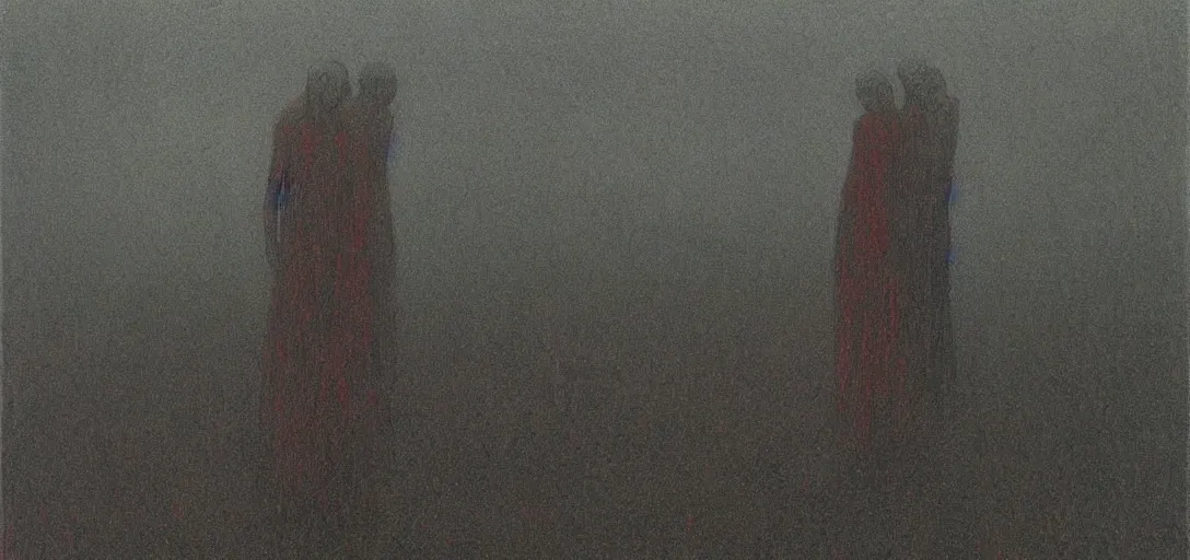 Prompt: shadow figures in a foggy rainy environment painting, part by Beksiński and EdvardMunch. atmospheric, vibrant, intricate, smooth, artstation, art by Takato Yamamoto, Francis Bacon masterpiece