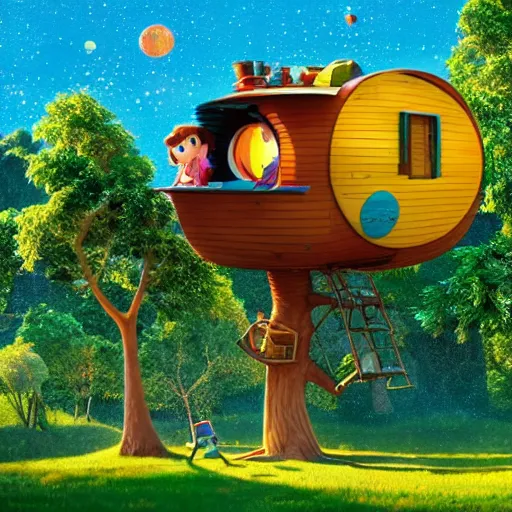 Image similar to Treehouse from the Pixar movie Up, solar, bright sky, vivid colors, beautiful