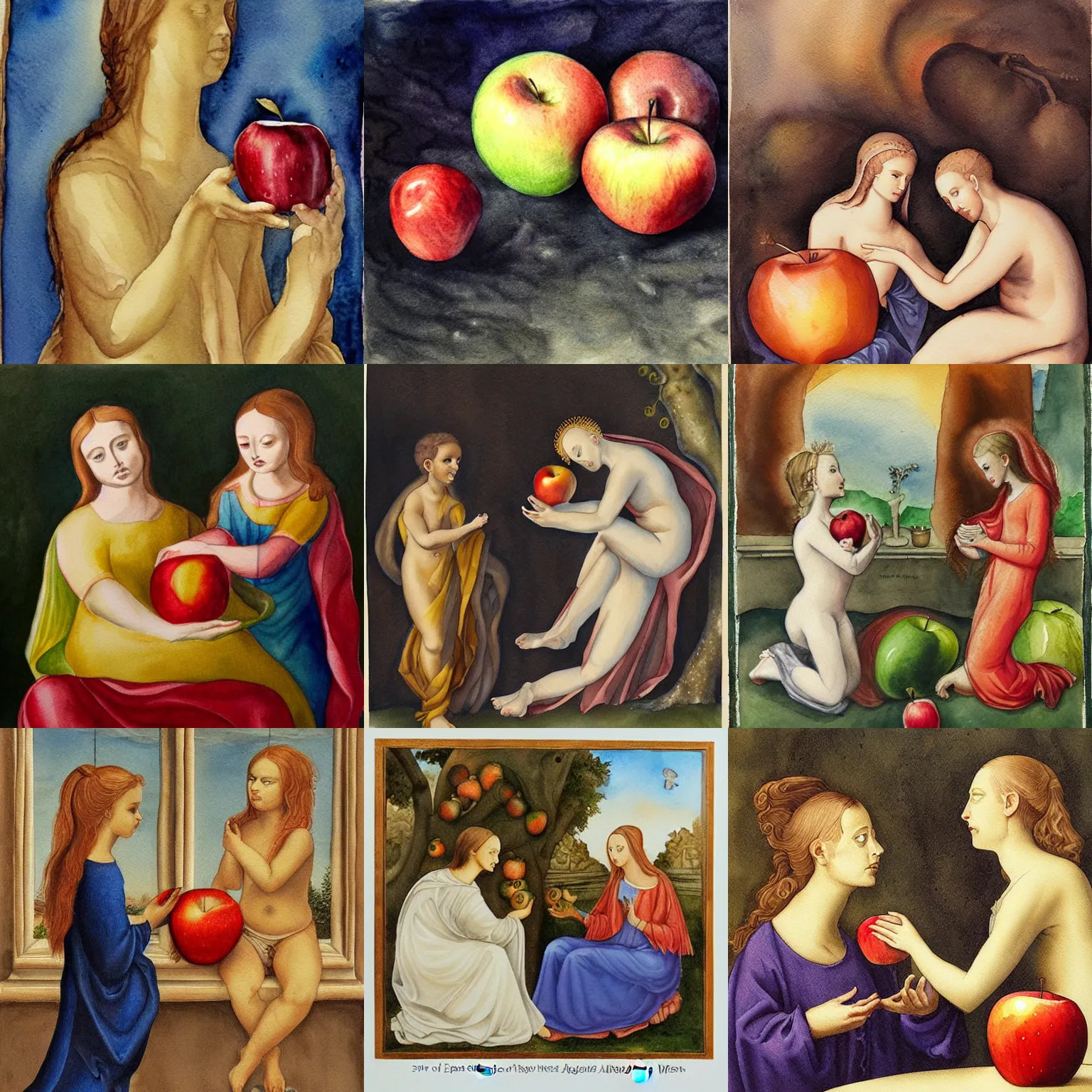 Prompt: Eve and Pandora, unboxing an apple. Watercolor painting, religious art, esoteric art