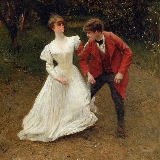 Image similar to young victorian man and woman traversing a maze, painted by alfred stevens