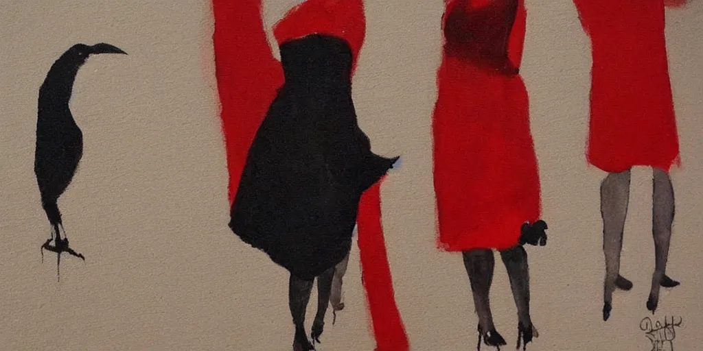 Prompt: painting, very dark, woman in a red dress, faceless, crows