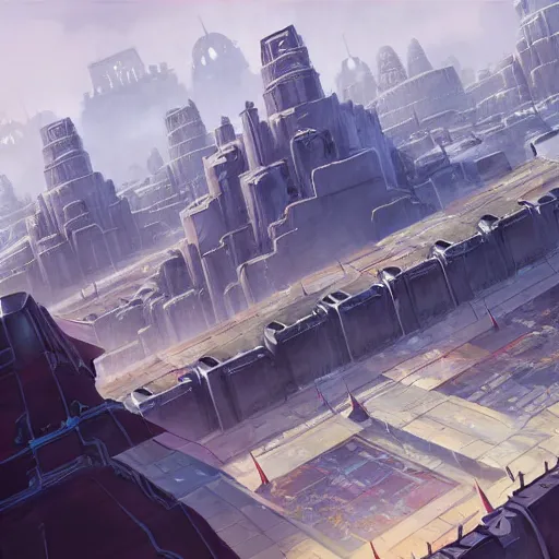 Image similar to concept art painting of an evil empires capital city with large fortress in the middle, realistic, detailed, cel shaded, in the style of makoto shinkai and greg rutkowski and james gurney