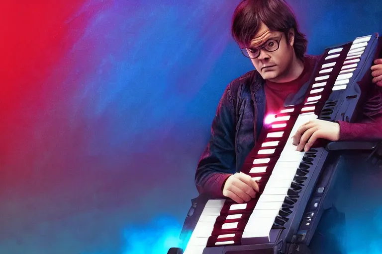 Prompt: dwight schrute playing the keytar with a vengance, dramatic scene, heavy blue fog, red lightning, ultra wide angle, movie still, photorealistic, stranger things, netflix, upside - down, colorful lighting, grainy, aerial shot, shot from above, movie still