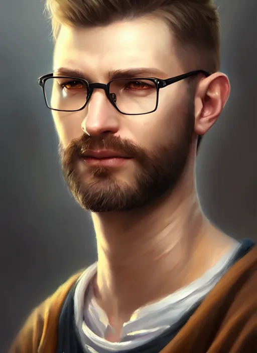 Prompt: a _ fantasy _ style _ portrait _ painting _ of white male short hair glasses stubble light brown hair wide jaw, rpg dnd oil _ painting _ unreal _ 5 _ daz. _ rpg _ portrait _ extremely _ detailed _ artgerm _ greg _ rutkowski _ greg