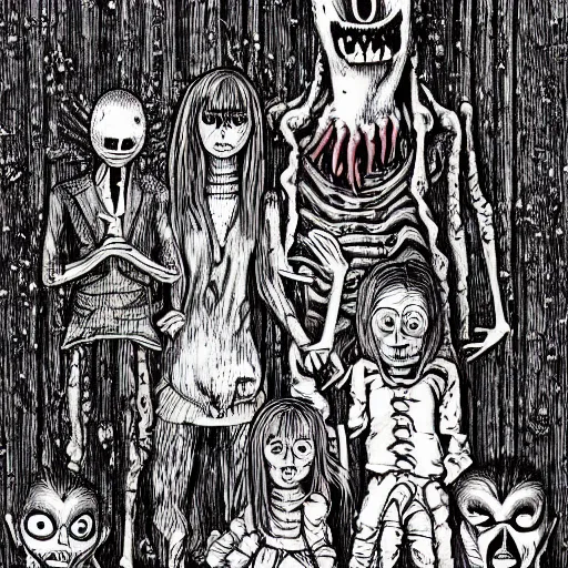 Prompt: monster lurking behind a happy family by junji ito, color, highly detailed, detailed, intricate, scary, horror, eerie, nightmares, dark, dramatic, 8 k