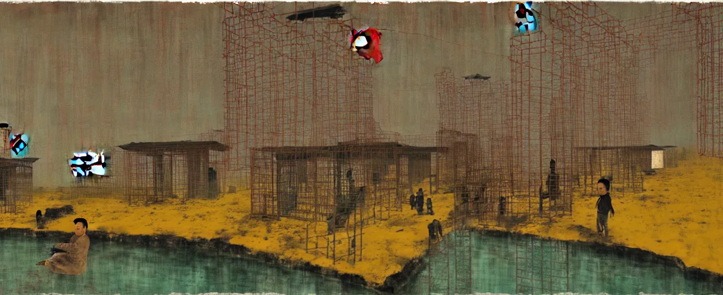 Image similar to a chinese prison near a river by peter doig, muted colors, overlaid with chinese adverts