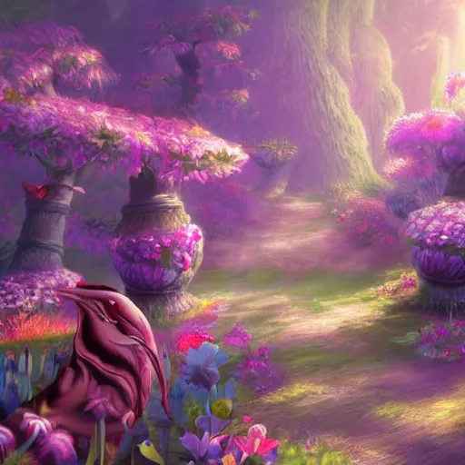 Prompt: alice in wonderland type of scenery. Vivid clolors. Computer art. Artstation. High resolution. 4k. - h 1200